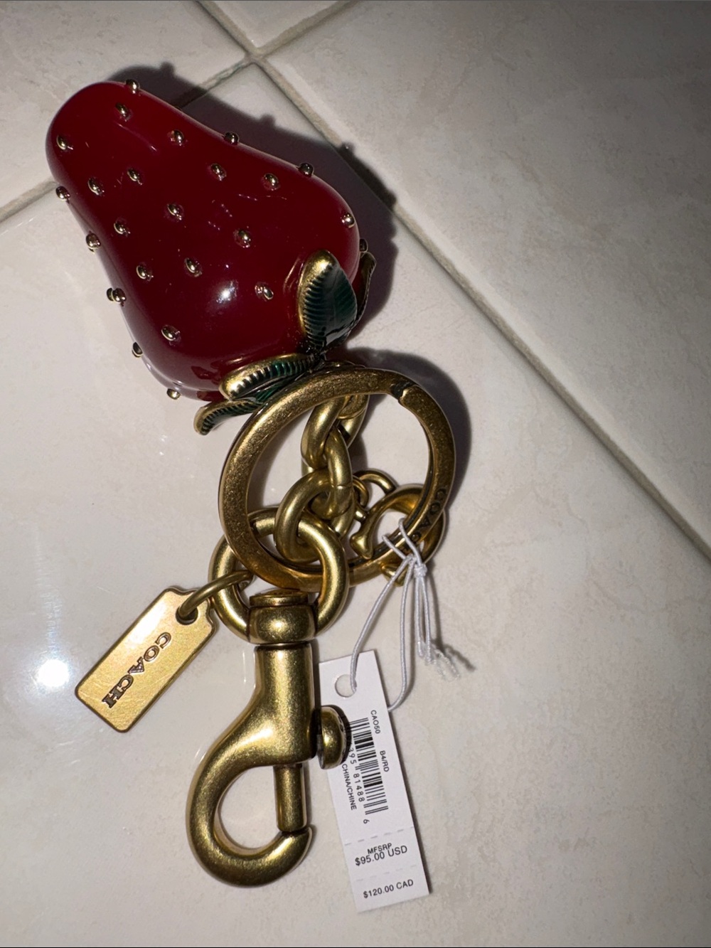 Coach Gold-Tone Strawberry Charm Keychain with Red Enamel Berry - Picture 4 of 5